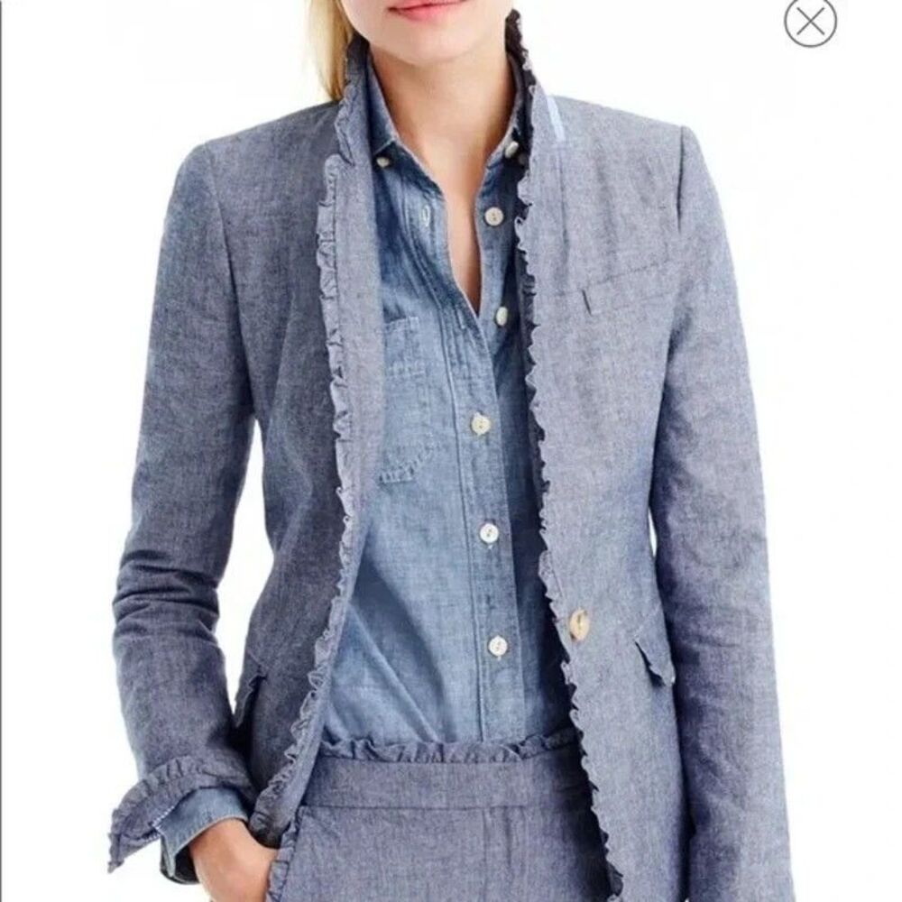 J. Crew Regent Chambray Blue Cotton Blazer Size 8 Ruffle Trim Preppy Academia